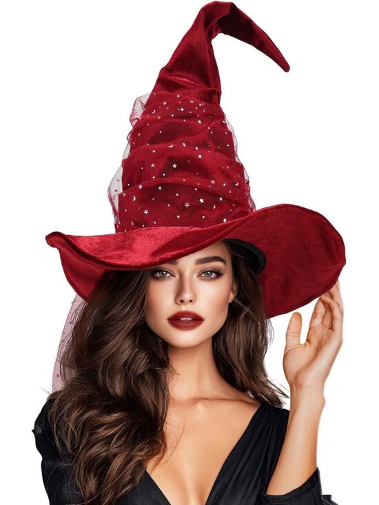 Vintage Wine Velvet With Mesh Witch Hat for Women Halloween Costume Accessory main image 7
